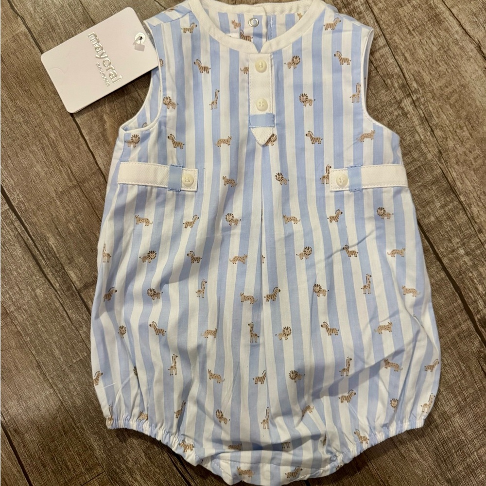 NWT Mayoral Baby Romper 4–6M Blue White Stripe Safari Animal Snap Back